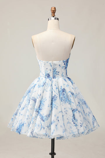 White Blue Flower A-Line Strapless Printed Beaded Short Prom Dress